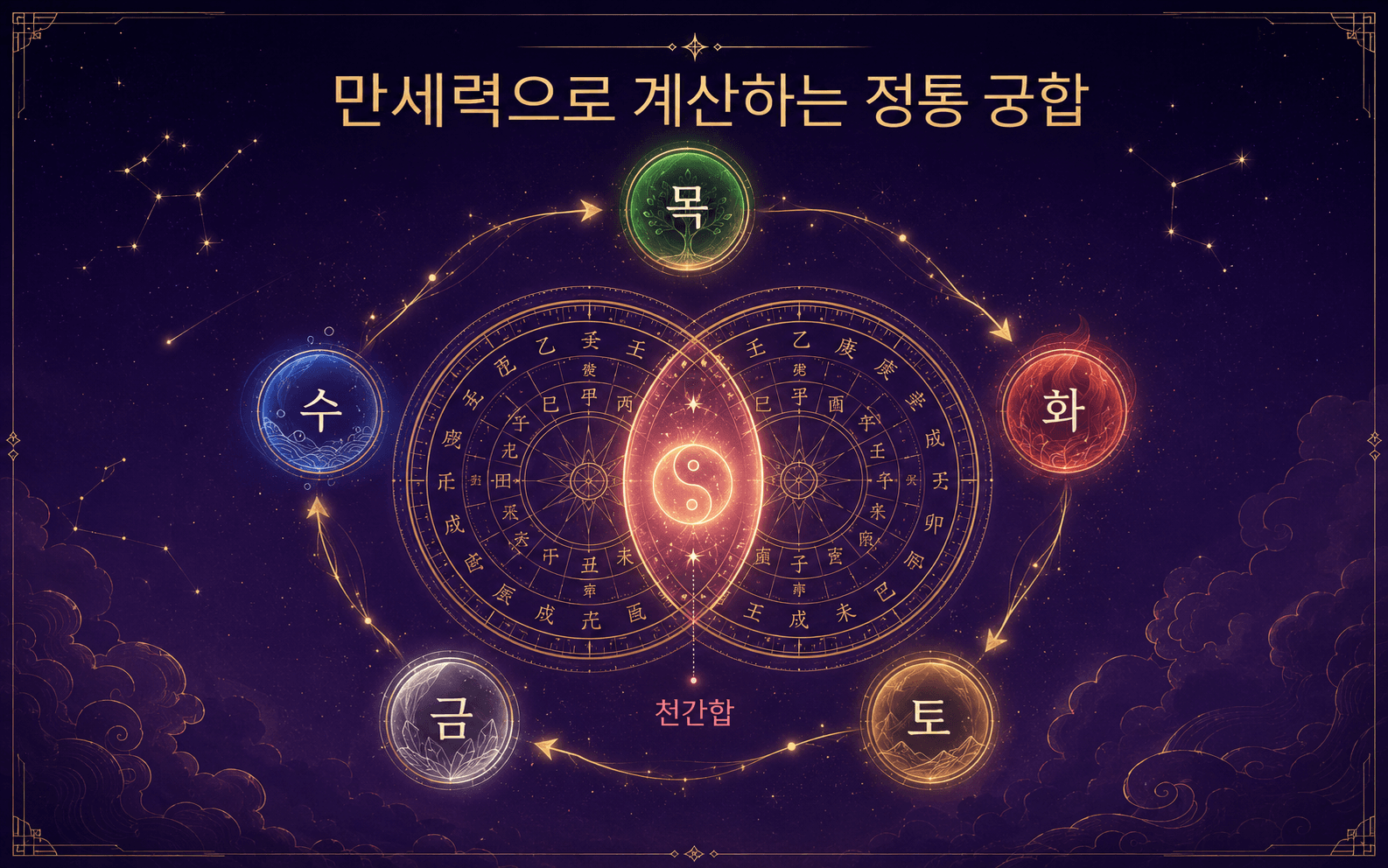 만세력으로 계산하는 정통 궁합 — 오행(목화토금수)과 천간합 도식